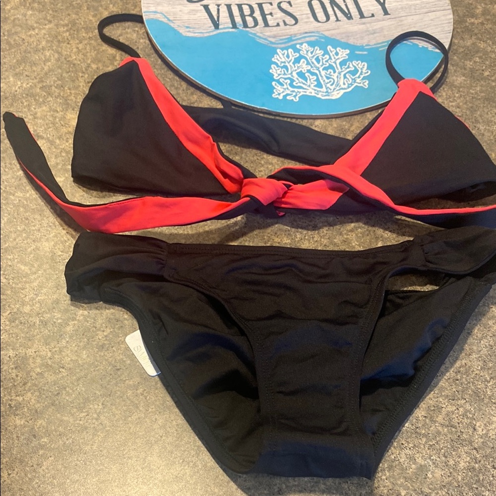 l*space Black Bikini with Red Trim Two-Piece Swim Set